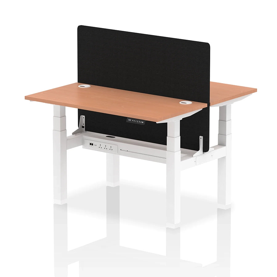 Air Back-to-Back Slimline Height Adjustable Bench Desk - 2 Person with cable ports and black straight screen W1200mm beech top with white frame