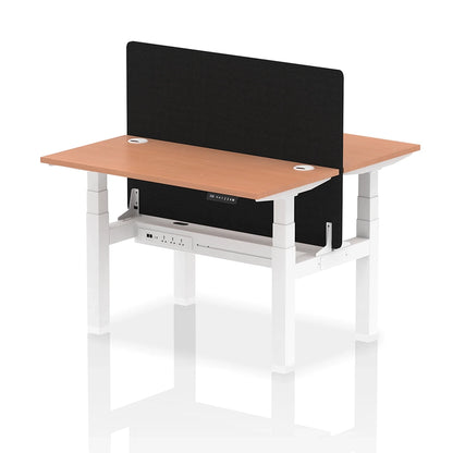 Air Back-to-Back Slimline Height Adjustable Bench Desk - 2 Person with cable ports and black straight screen W1200mm beech top with white frame