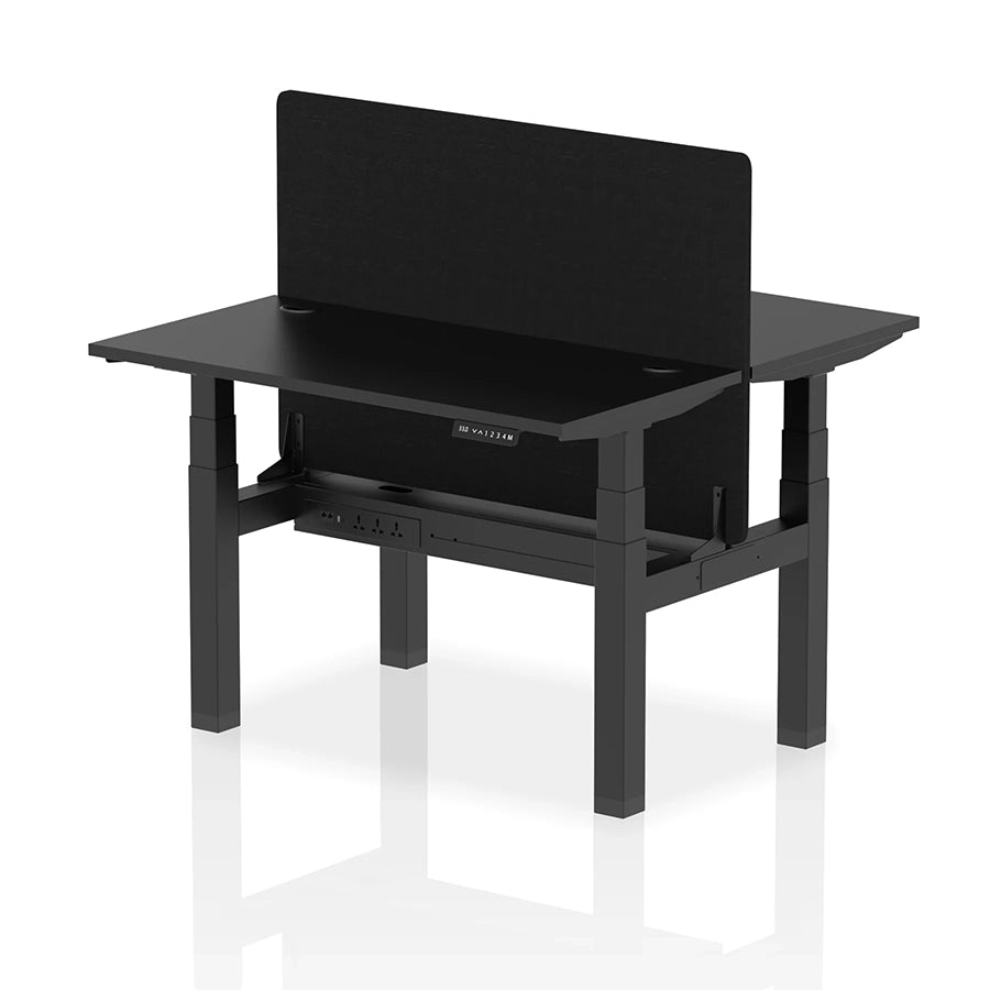 Air Back-to-Back Slimline Height Adjustable Bench Desk - 2 Person with cable ports and black straight screen W1200mm black top with black frame