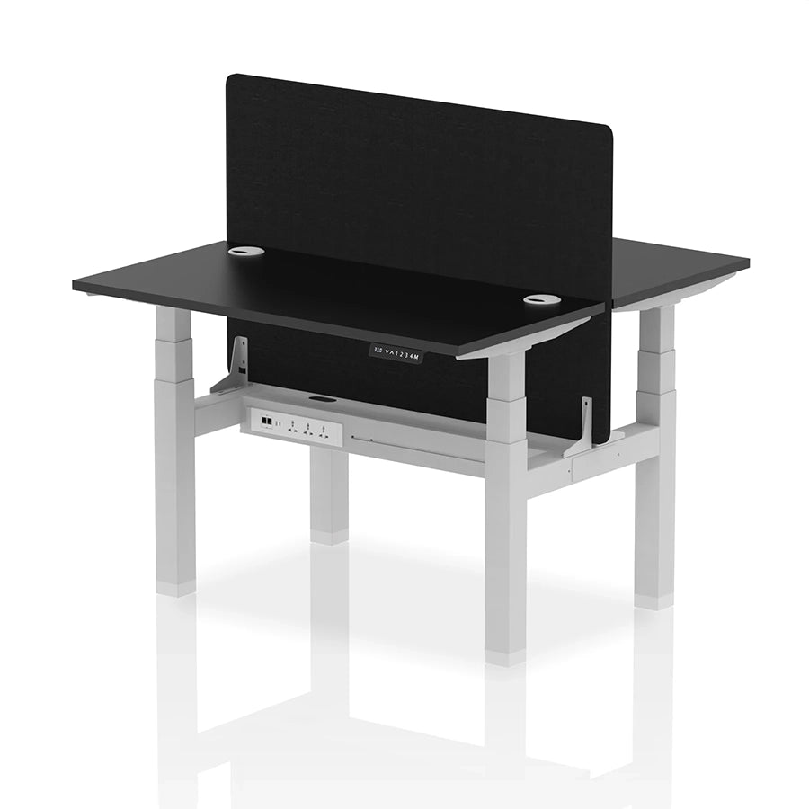 Air Back-to-Back Slimline Height Adjustable Bench Desk - 2 Person with cable ports and black straight screen W1200mm black top with silver frame