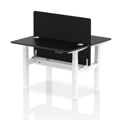 Air Back-to-Back Slimline Height Adjustable Bench Desk - 2 Person with cable ports and black straight screen W1200mm black top with white frame