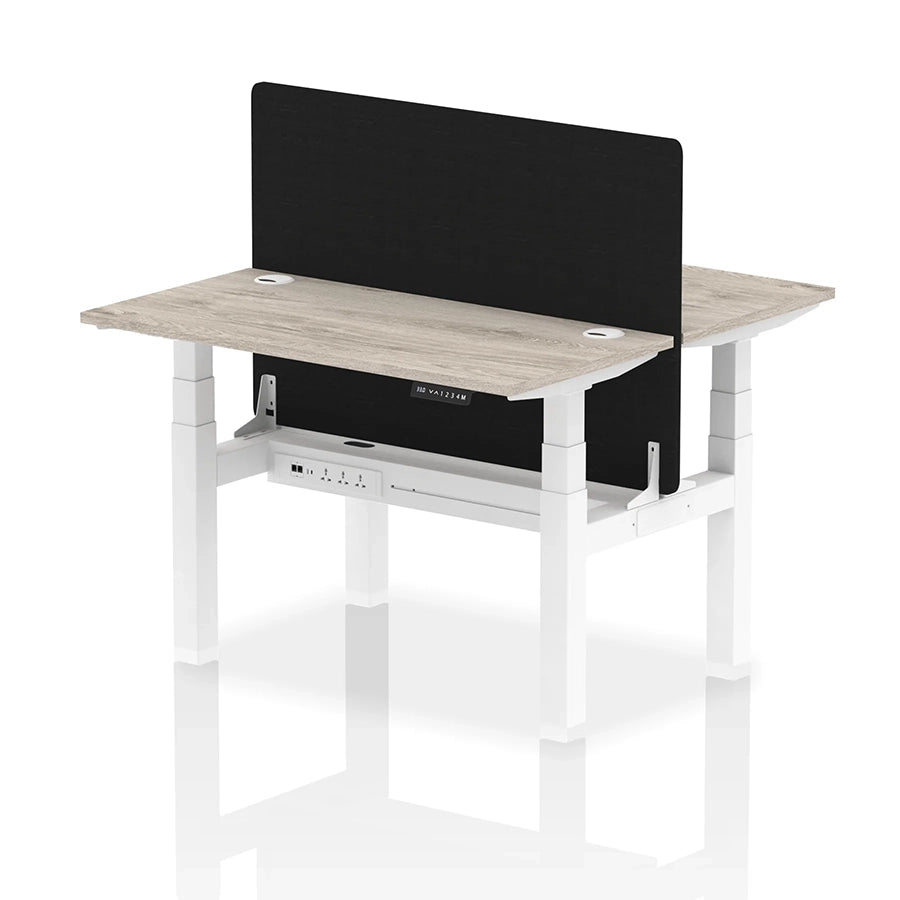 Air Back-to-Back Slimline Height Adjustable Bench Desk - 2 Person with cable ports and black straight screen W1200mm grey oak top with white frame