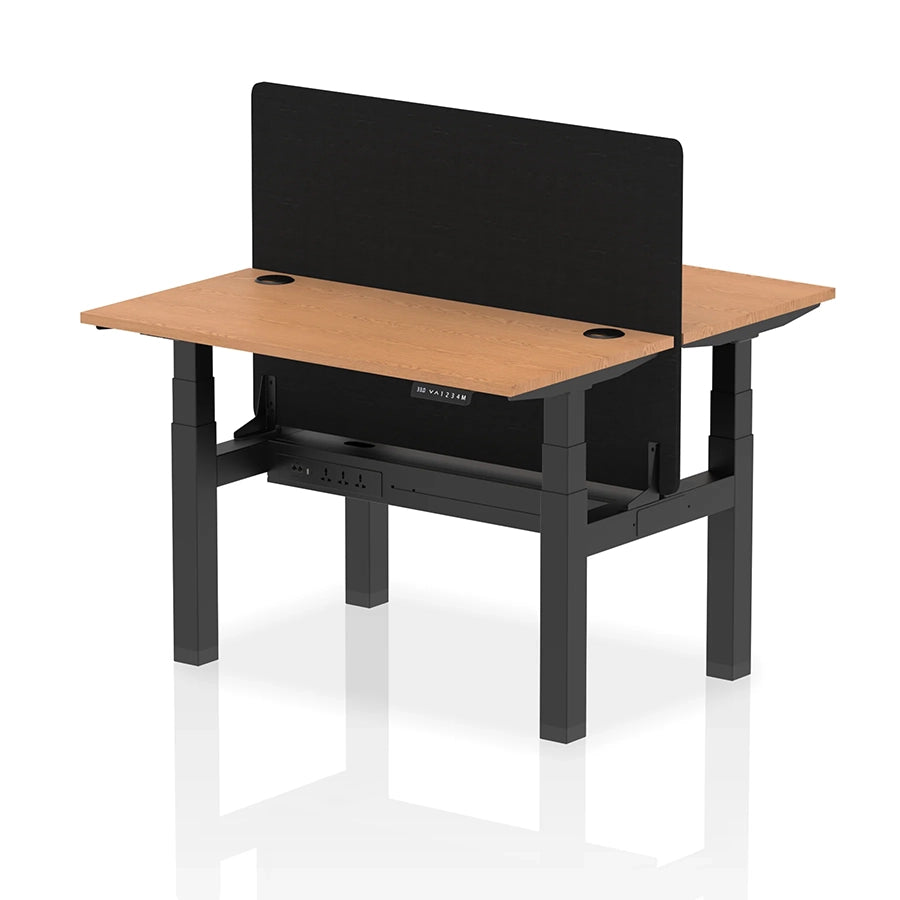 Air Back-to-Back Slimline Height Adjustable Bench Desk - 2 Person with cable ports and black straight screen W1200mm oak top with black frame
