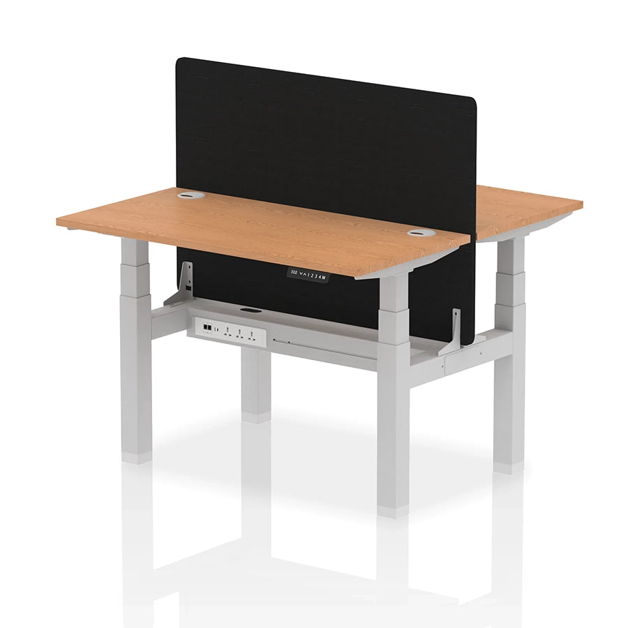 Air Back-to-Back Slimline Height Adjustable Bench Desk - 2 Person with cable ports and black straight screen W1200mm oak top with silver frame