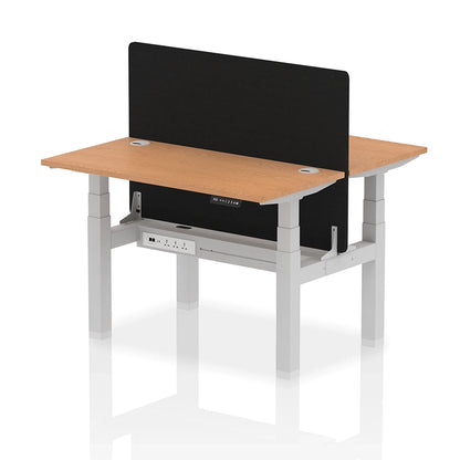 Air Back-to-Back Slimline Height Adjustable Bench Desk - 2 Person with cable ports and black straight screen W1200mm oak top with silver frame
