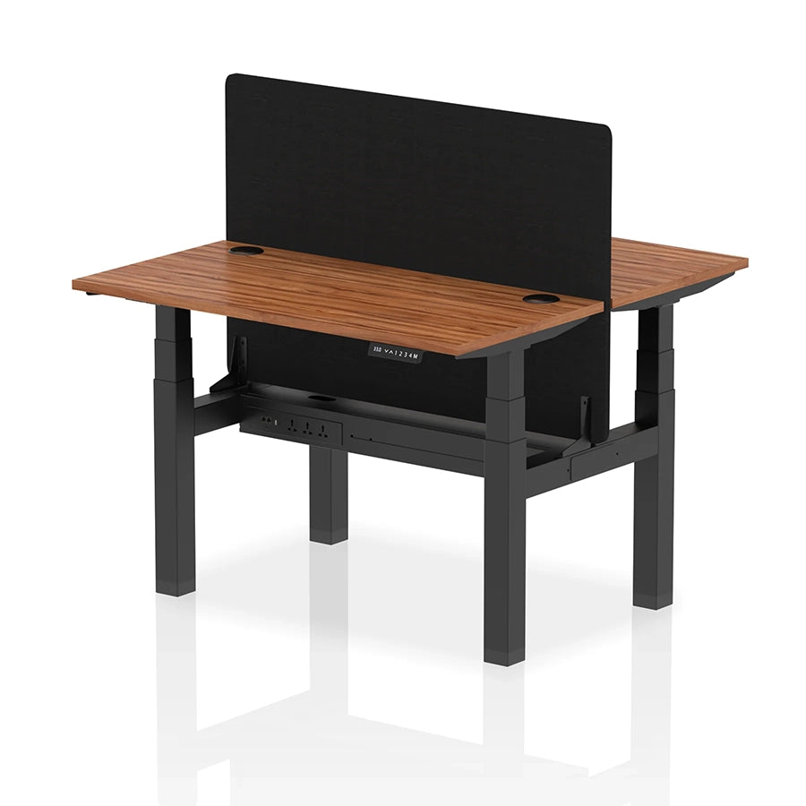 Air Back-to-Back Slimline Height Adjustable Bench Desk - 2 Person with cable ports and black straight screen W1200mm walnut top with black frame