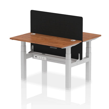 Air Back-to-Back Slimline Height Adjustable Bench Desk - 2 Person with cable ports and black straight screen W1200mm walnut top with silver frame