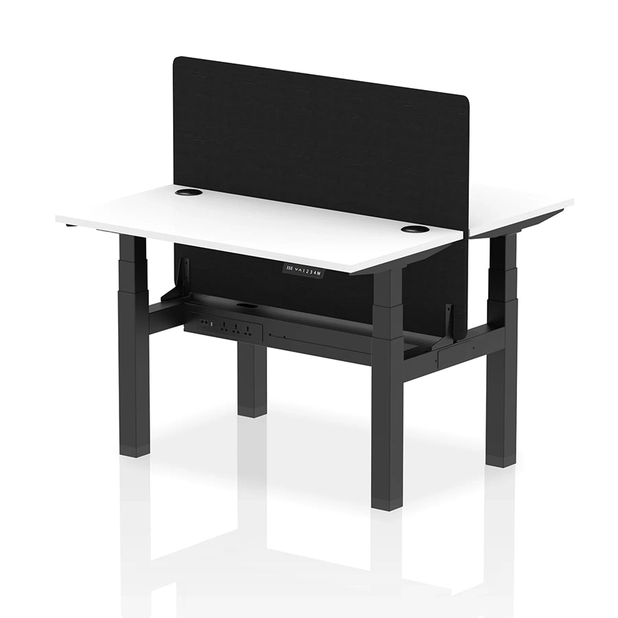 Air Back-to-Back Slimline Height Adjustable Bench Desk - 2 Person with cable ports and black straight screen W1200mm white top with black frame
