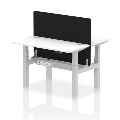 Air Back-to-Back Slimline Height Adjustable Bench Desk - 2 Person with cable ports and black straight screen W1200mm white top with silver frame