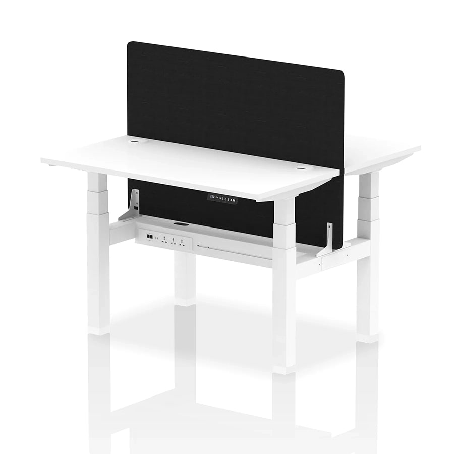 Air Back-to-Back Slimline Height Adjustable Bench Desk - 2 Person with cable ports and black straight screen W1200mm white top with white frame