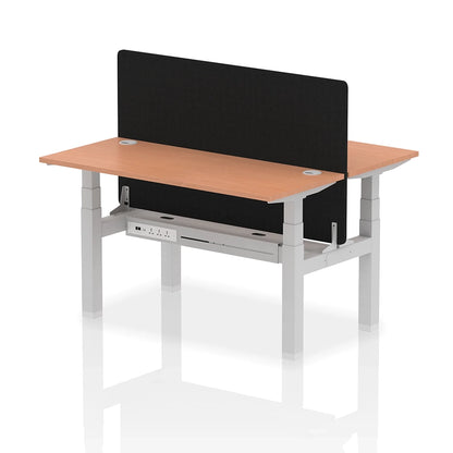 Air Back-to-Back Slimline Height Adjustable Bench Desk - 2 Person with cable ports and black straight screen W1400mm beech top with silver frame