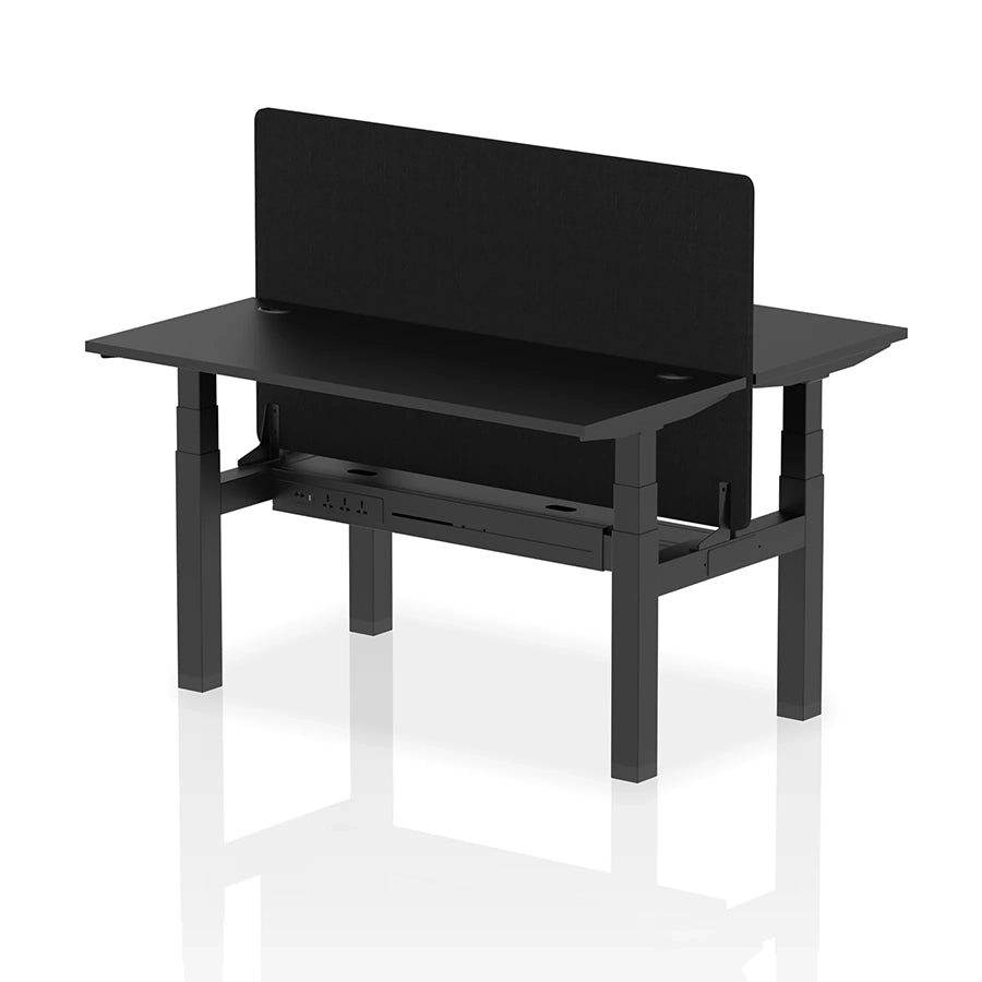 Air Back-to-Back Slimline Height Adjustable Bench Desk - 2 Person with cable ports and black straight screen W1400mm black top with black frame