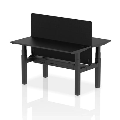 Air Back-to-Back Slimline Height Adjustable Bench Desk - 2 Person with cable ports and black straight screen W1400mm black top with black frame