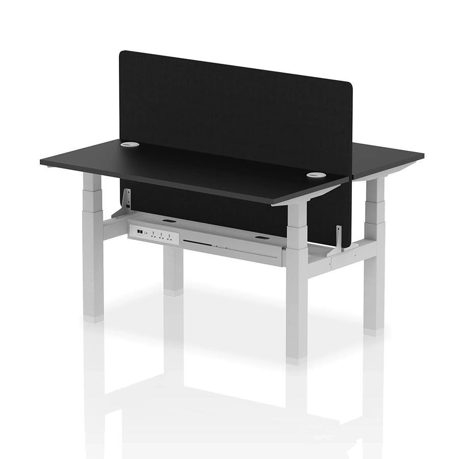 Air Back-to-Back Slimline Height Adjustable Bench Desk - 2 Person with cable ports and black straight screen W1400mm black top with silver frame