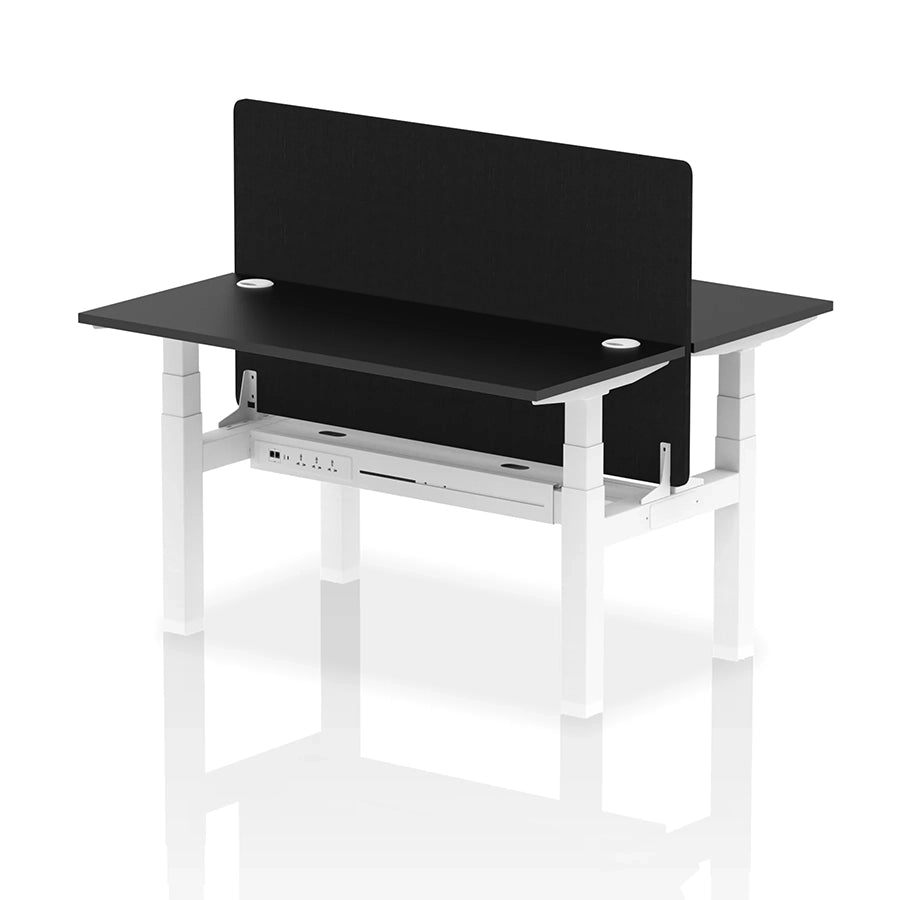Air Back-to-Back Slimline Height Adjustable Bench Desk - 2 Person with cable ports and black straight screen W1400mm black top with white frame