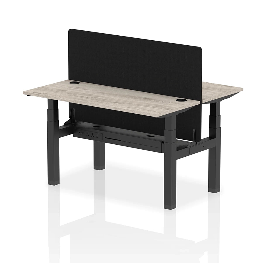 Air Back-to-Back Slimline Height Adjustable Bench Desk - 2 Person with cable ports and black straight screen W1400mm grey oak top with black frame