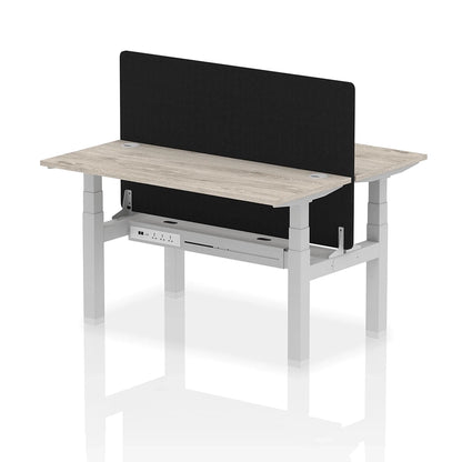 Air Back-to-Back Slimline Height Adjustable Bench Desk - 2 Person with cable ports and black straight screen W1400mm grey oak top with silver frame