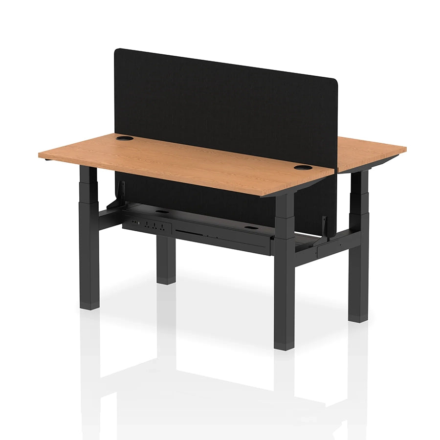 Air Back-to-Back Slimline Height Adjustable Bench Desk - 2 Person with cable ports and black straight screen W1400mm oak top with black frame