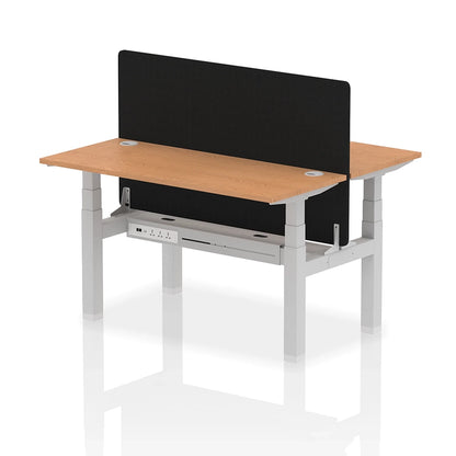 Air Back-to-Back Slimline Height Adjustable Bench Desk - 2 Person with cable ports and black straight screen W1400mm oak top with silver frame
