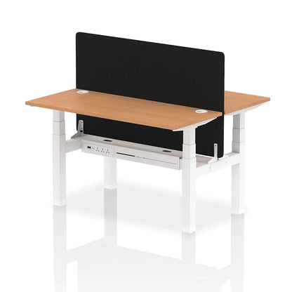 Air Back-to-Back Slimline Height Adjustable Bench Desk - 2 Person with cable ports and black straight screen W1400mm oak top with white frame