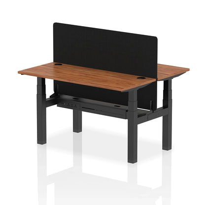 Air Back-to-Back Slimline Height Adjustable Bench Desk - 2 Person with cable ports and black straight screen W1400mm walnut top with black frame