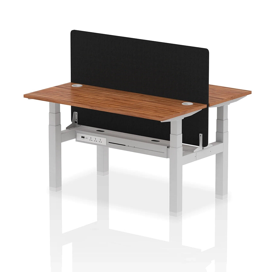 Air Back-to-Back Slimline Height Adjustable Bench Desk - 2 Person with cable ports and black straight screen W1400mm walnut top with silver frame