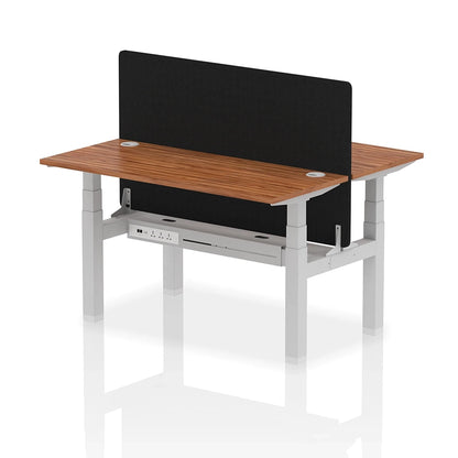 Air Back-to-Back Slimline Height Adjustable Bench Desk - 2 Person with cable ports and black straight screen W1400mm walnut top with silver frame