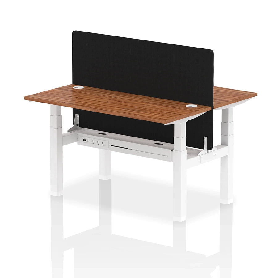 Air Back-to-Back Slimline Height Adjustable Bench Desk - 2 Person with cable ports and black straight screen W1400mm walnut top with white frame