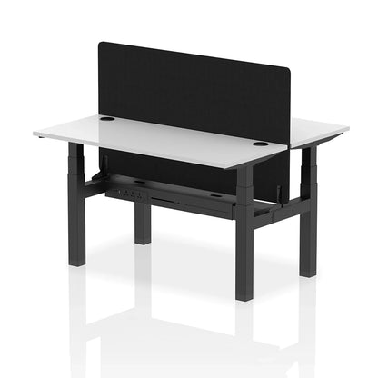 Air Back-to-Back Slimline Height Adjustable Bench Desk - 2 Person with cable ports and black straight screen W1400mm white top with black frame