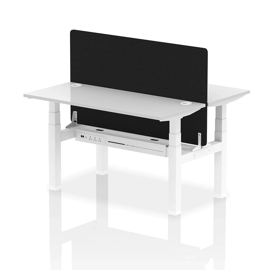 Air Back-to-Back Slimline Height Adjustable Bench Desk - 2 Person with cable ports and black straight screen W1400mm white top with white frame