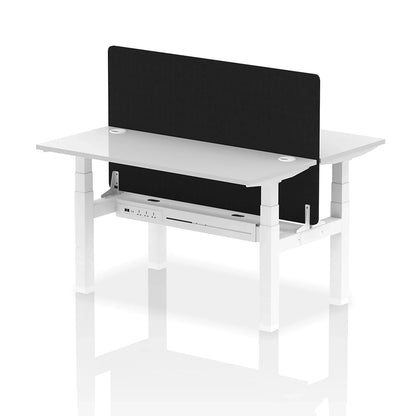 Air Back-to-Back Slimline Height Adjustable Bench Desk - 2 Person with cable ports and black straight screen W1400mm white top with white frame