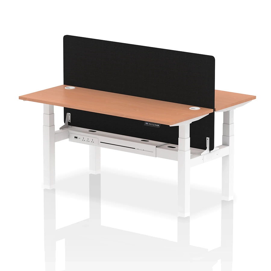 Air Back-to-Back Slimline Height Adjustable Bench Desk - 2 Person with cable ports and black straight screen W1600m beech top with white frame