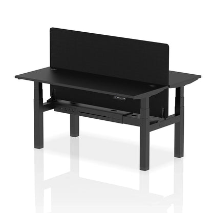 Air Back-to-Back Slimline Height Adjustable Bench Desk - 2 Person with cable ports and black straight screen W1600m black top with black frame