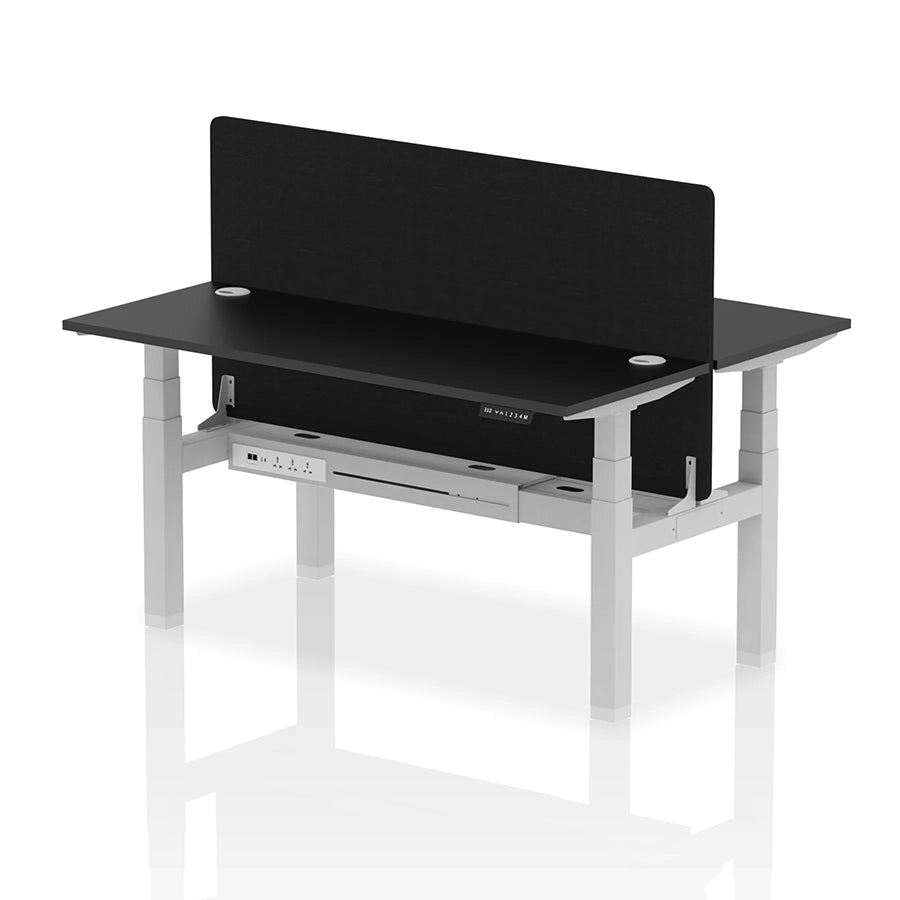 Air Back-to-Back Slimline Height Adjustable Bench Desk - 2 Person with cable ports and black straight screen W1600m black top with silver frame