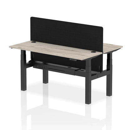 Air Back-to-Back Slimline Height Adjustable Bench Desk - 2 Person with cable ports and black straight screen W1600m grey oak top with black frame