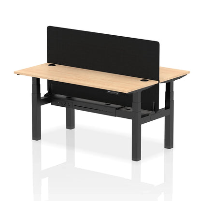 Air Back-to-Back Slimline Height Adjustable Bench Desk - 2 Person with cable ports and black straight screen W1600m maple top with black frame
