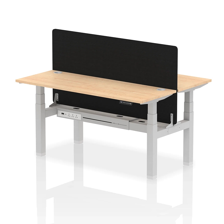 Air Back-to-Back Slimline Height Adjustable Bench Desk - 2 Person with cable ports and black straight screen W1600m maple top with silver frame