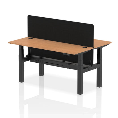 Air Back-to-Back Slimline Height Adjustable Bench Desk - 2 Person with cable ports and black straight screen W1600m oak top with black frame