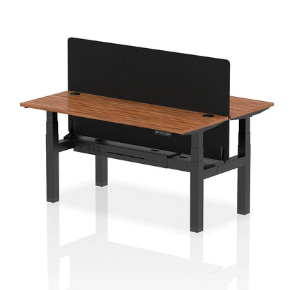 Air Back-to-Back Slimline Height Adjustable Bench Desk - 2 Person with cable ports and black straight screen W1600m walnut top with black frame