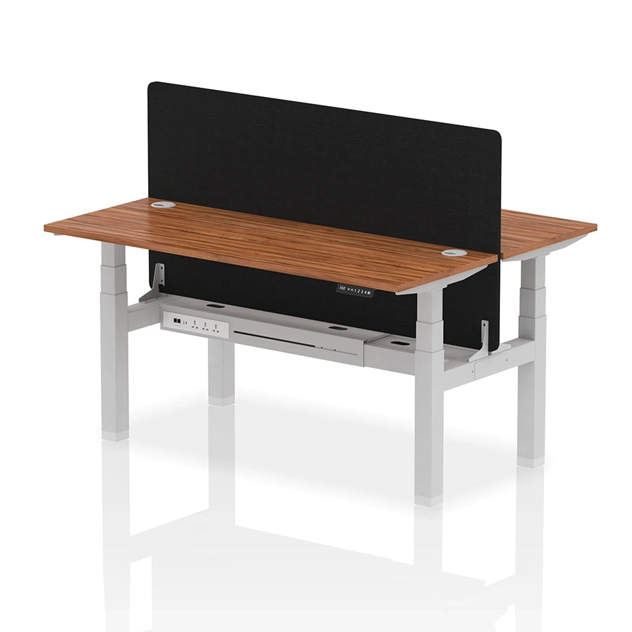 Air Back-to-Back Slimline Height Adjustable Bench Desk - 2 Person with cable ports and black straight screen W1600m walnut top with silver frame