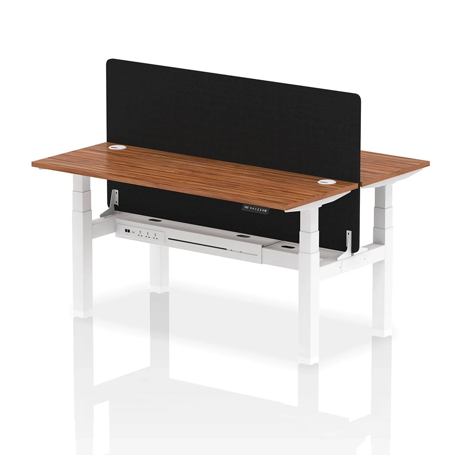 Air Back-to-Back Slimline Height Adjustable Bench Desk - 2 Person with cable ports and black straight screen W1600m walnut top with white frame