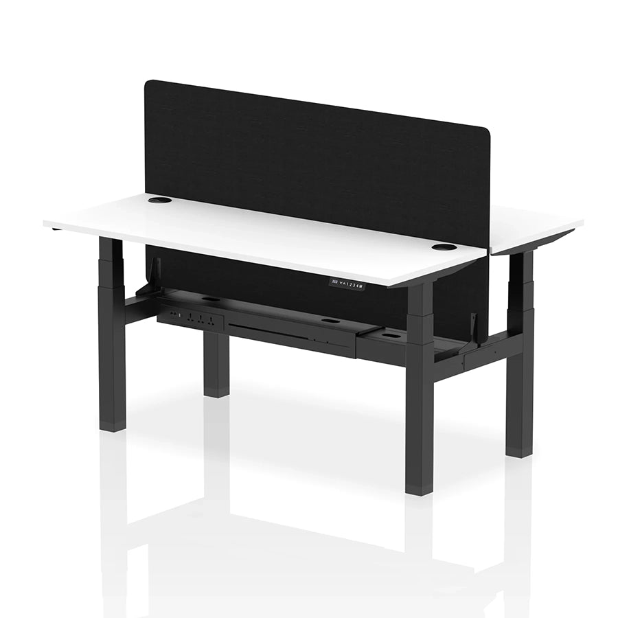 Air Back-to-Back Slimline Height Adjustable Bench Desk - 2 Person with cable ports and black straight screen W1600m white top with black frame