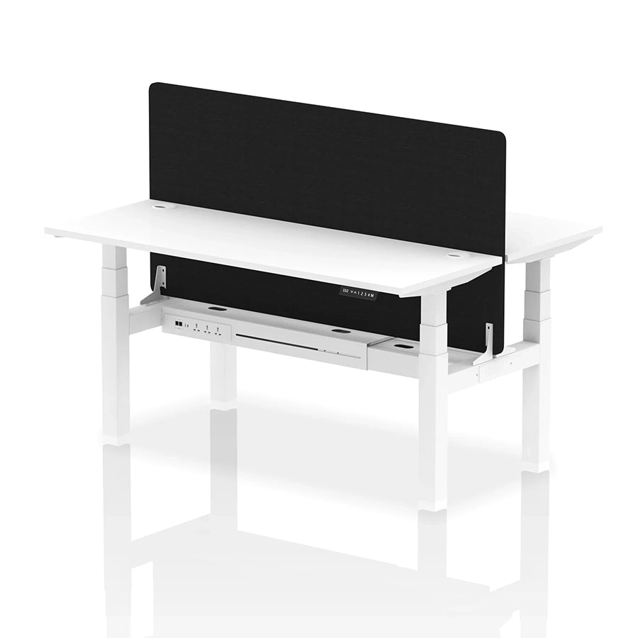 Air Back-to-Back Slimline Height Adjustable Bench Desk - 2 Person with cable ports and black straight screen W1600m white top with white frame
