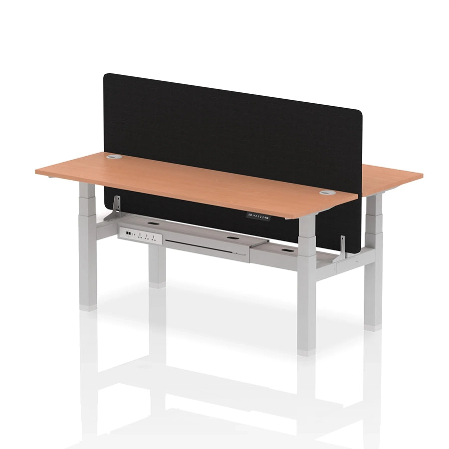 Air Back-to-Back Slimline Height Adjustable Bench Desk - 2 Person with cable ports and black straight screen W1800m beech top with silver frame