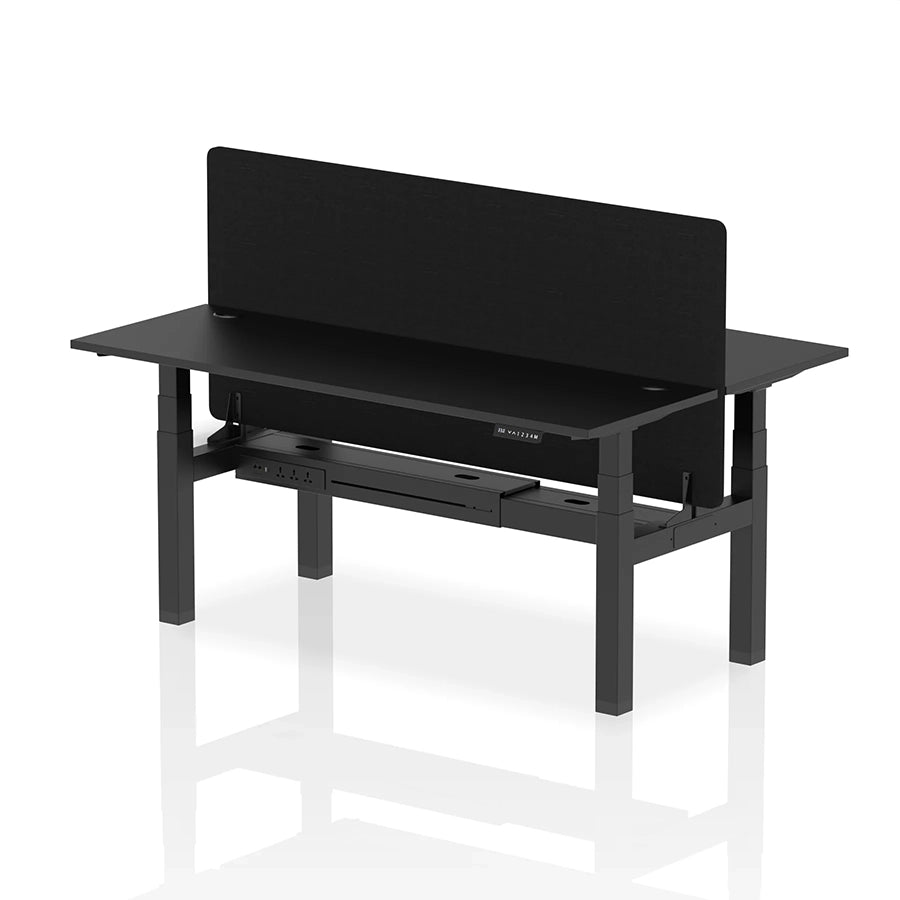 Air Back-to-Back Slimline Height Adjustable Bench Desk - 2 Person with cable ports and black straight screen W1800m black top with black frame