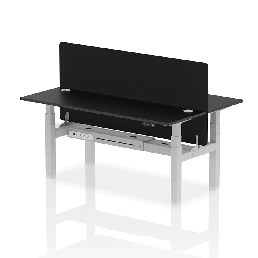 Air Back-to-Back Slimline Height Adjustable Bench Desk - 2 Person with cable ports and black straight screen W1800m black top with silver frame