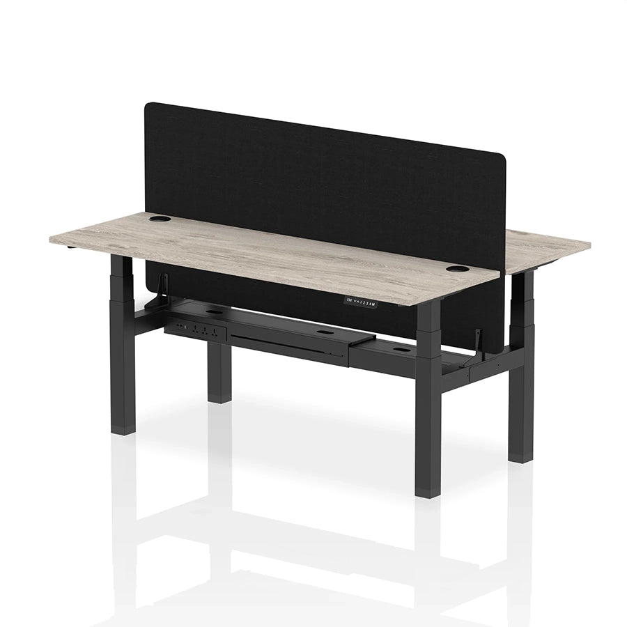Air Back-to-Back Slimline Height Adjustable Bench Desk - 2 Person with cable ports and black straight screen W1800m grey oak top with black frame