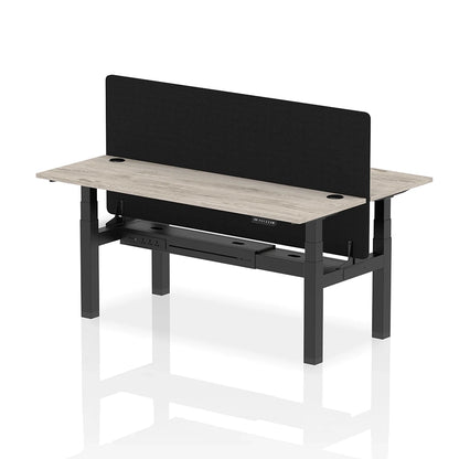 Air Back-to-Back Slimline Height Adjustable Bench Desk - 2 Person with cable ports and black straight screen W1800m grey oak top with black frame