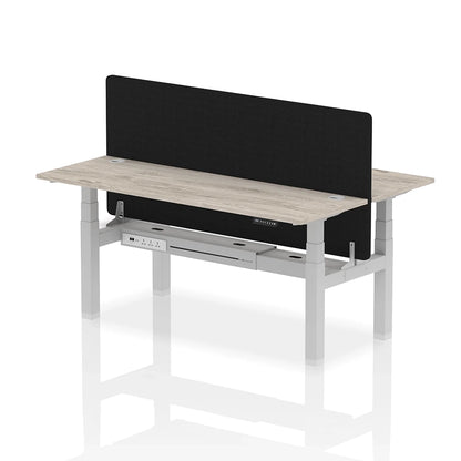 Air Back-to-Back Slimline Height Adjustable Bench Desk - 2 Person with cable ports and black straight screen W1800m grey oak top with silver frame