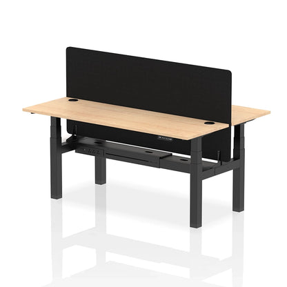 Air Back-to-Back Slimline Height Adjustable Bench Desk - 2 Person with cable ports and black straight screen W1800m maple top with black frame